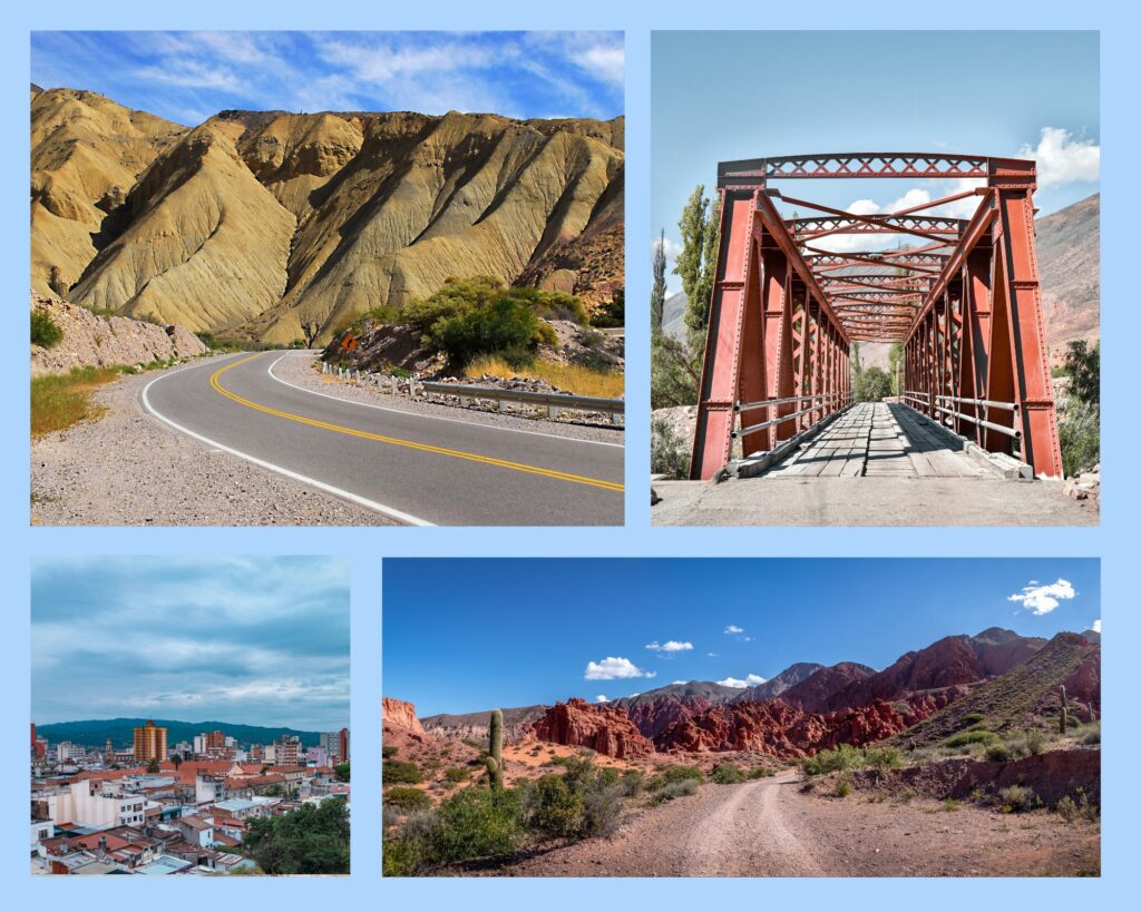 Geschwungene Straßenzüge durch die Quebrada de Humahuaca, eine rote Stahlbrücke, Luftblid von San Salvador de Jujuy, sowie ein Weg zur Quebrada de las Señoritas 