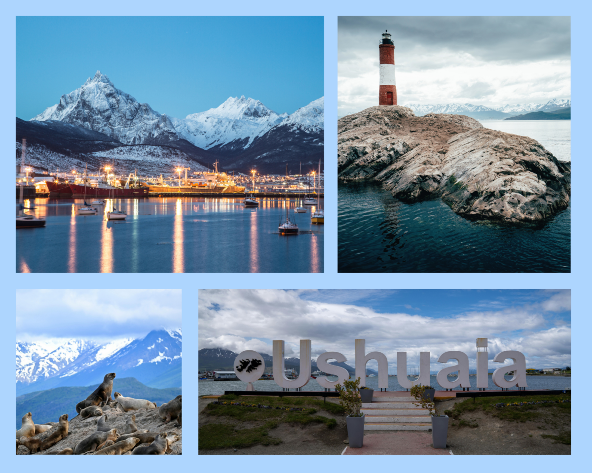 Die Stadt Ushuaia in der Abenddämmerung, mit vielen hellen Lichtern, dem Anden-Panorama im Hintergrund und dem Beagle-Kanal davor. Der rot weiß gestreifte Leuchtturm auf einer Insel vor Ushuaia, sowie die Seelöwen auf einem Stein die man auf den Boots- Touren bewundern kann und das „Ushuaia“ Ortsschild