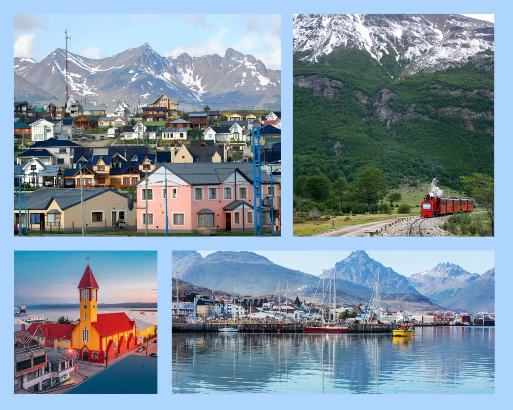 Eindrücke aus der Stadt Ushuaia: bunte Häuschen mit der Anden Landschaft im Hintergrund, der Hafen von Ushuaia mit einigen Segelbötchen, der rote „Tren del Fin del Mundo“ der durch die Landschaft fährt und die gelb-rote Kirche direkt am Meer