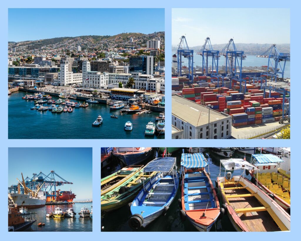 Eindrücke der Hafenstadt Valparaíso mit Containerhafen, bunten Touristenbooten und Pier