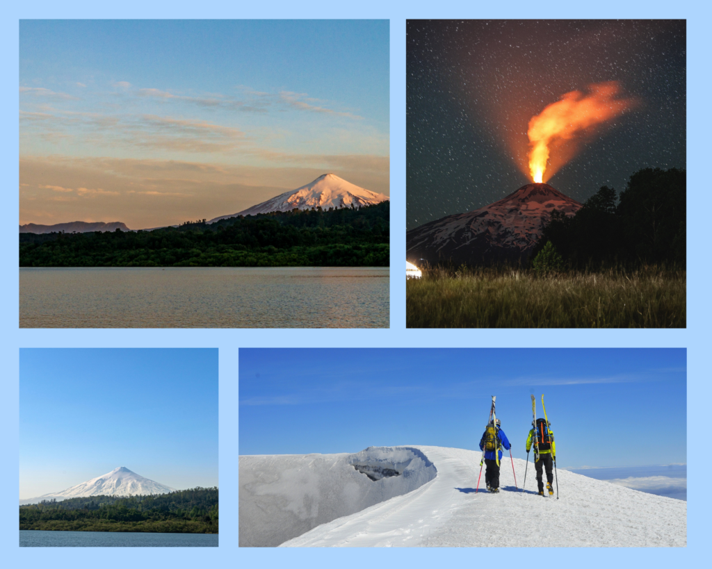 Der wunderschöne Vulkan Villarrica:  einmal bei Sonnenuntergang in leicht bunten Farben vor dem See Lago Villarrica, aktiv mit großen Rauchwolken und hohem Feuer in einer Sternenreichen Nacht und eine Wandergruppe bei der Besteigung des Vulkans im Schnee mit Ski-Ausrüstung