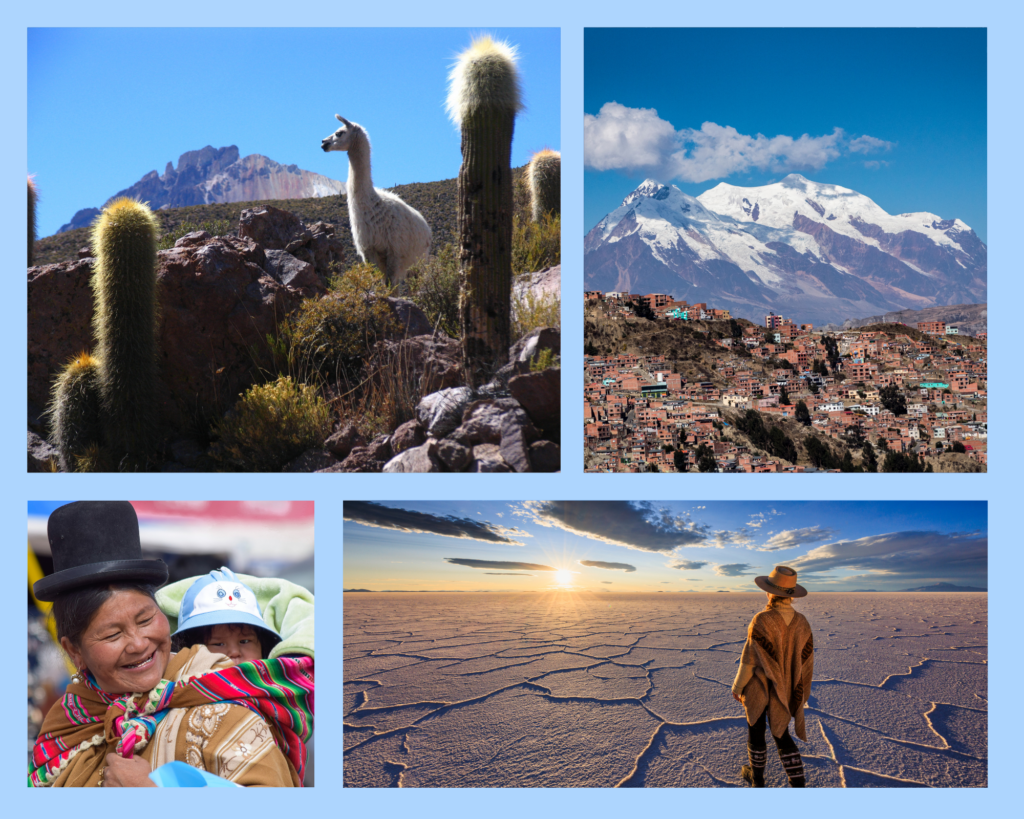 Auf dem Bild ist die Stadt La Paz, ein Alpaka in den Bergen, ein Mann im Salar de Uyuni und eine Mutter mit ihrem Kind in traditioneller Kleidung zu sehen.
