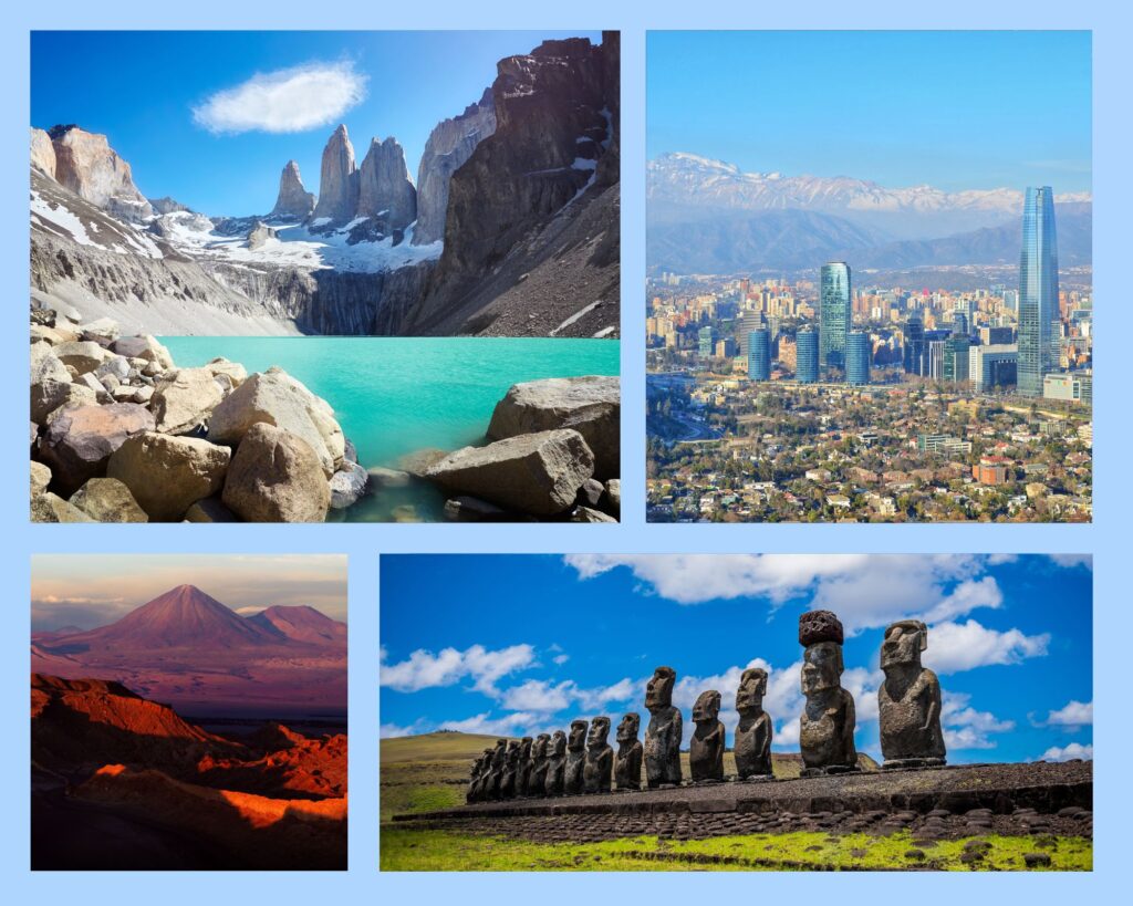 Türkisblauer See im Bergmassiv des Nationalpark Torres del Paine, Bild der Hauptstadt Santiago de Chile vom Hügel Cerro San Christóbal, rötliche Berge in der Atacama-Wüste, 15 aufgereite Moai-Statuen auf der Osterinsel