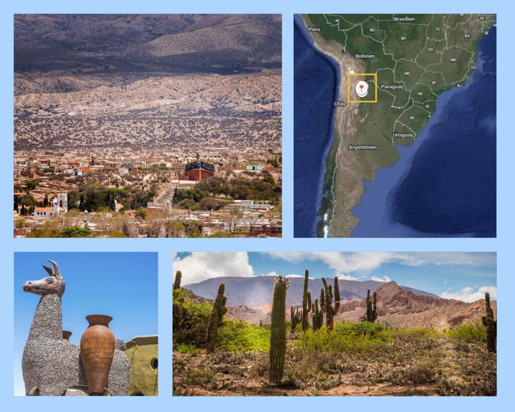 Die Stadt Humahuaca, eine Übersichtskarte der Provinz Jujuy im Nordwesten Argentiniens, ein getöpfertes Lama und Kakteen