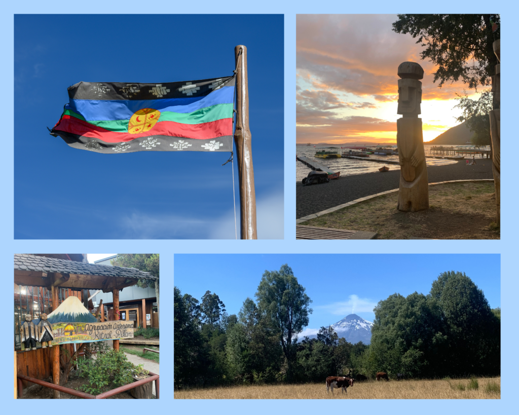 Die traditionelle Flagge der Mapuche in Scharz, blau, grün und rot.  Orangener und pink gefärbter Himmel mit einer aus holzgeschnitzten Statue und der Villarrica Vulkan: auf einem Holzschild gemalt und qualmend vor einer Kuhwiese fotografiert