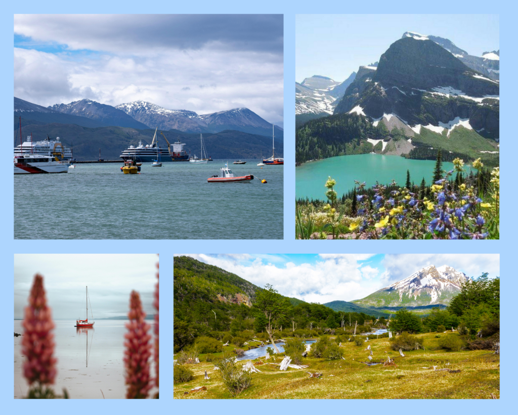 Das Klima ist zwar unvorhersehbar, doch zu jeder Jahreszeit ganz besonders. Einige Eindrücke aus den Jahreszeiten, mit bunten Blühenden Blumen im Frühling vor türkis blauen Seen, die Kreuzfahrtschiffe im Hafen die dort für Antarktis.Expeditionen anlegen und die grünen Landschaften im Sommer.