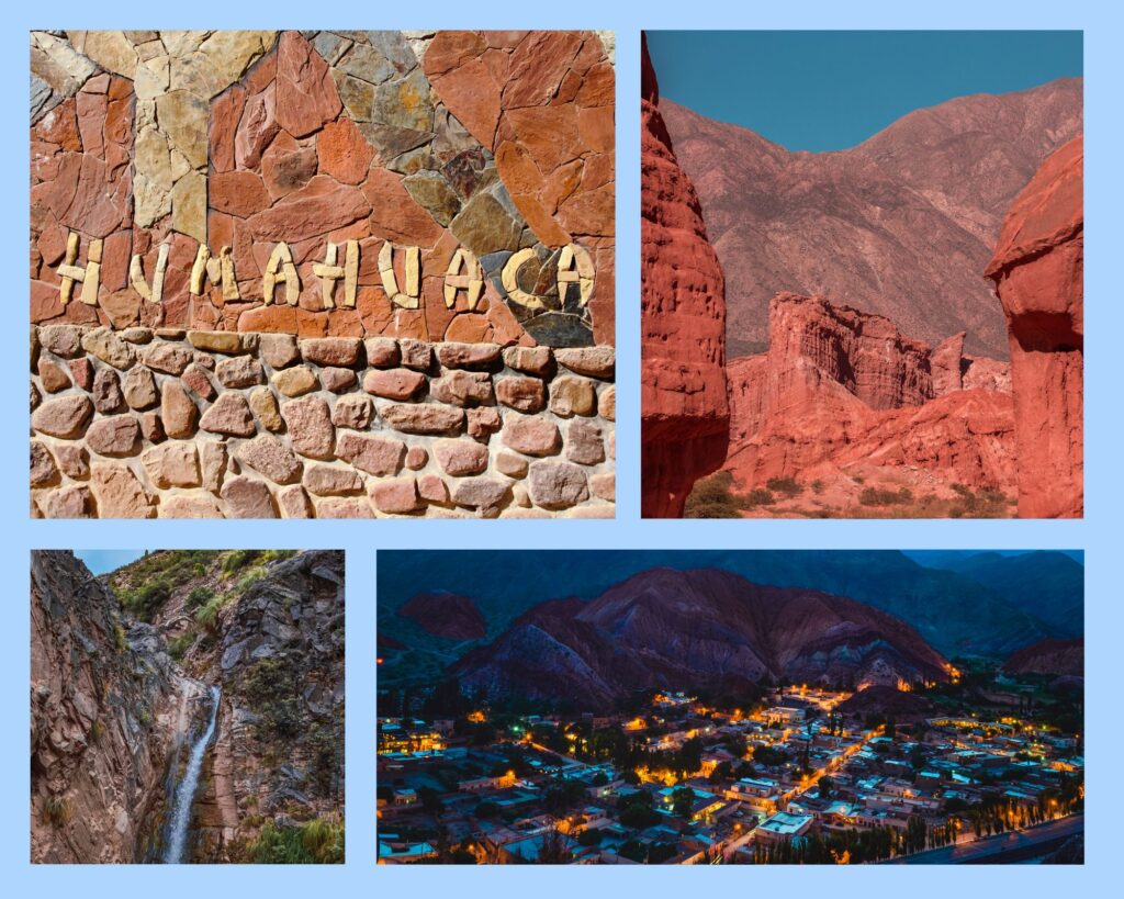 Steinerner Felswandchriftzug Humahuaca, gewaltige sandsteinrote Felsformationen, ein aus den Hängen des Gebirges kommender Wasserfall und eine Stadt zwischen Felsformationen in der Abenddämmerung mit beleuchteten Straßen