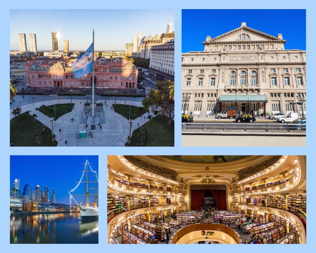 Buenos Aires Reise – Architektur-Highlights mit Plaza de Mayo, Casa Rosada, Teatro Colón, moderner Skyline Puerto Madero und der berühmten Buchhandlung El Ateneo Grand Splendid.