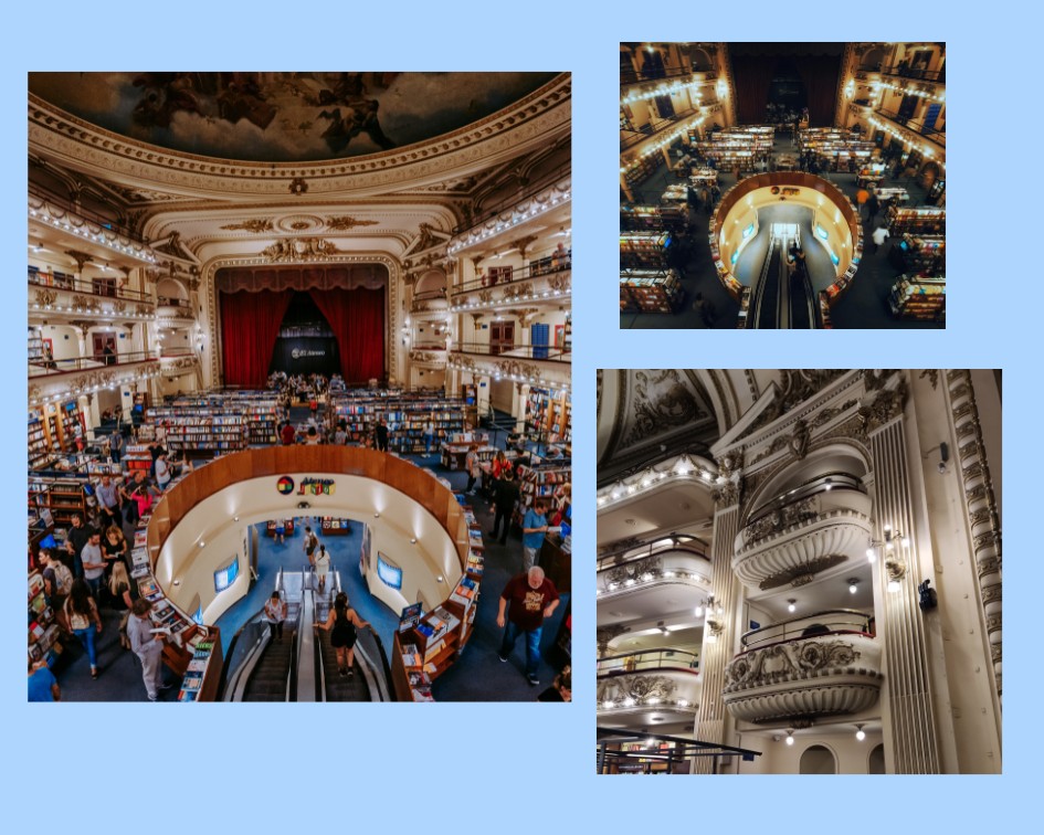 Eindrücke aus dem El Ateneo Grand Splendid: Bühne, Bücherregale und Blick von der Kuppel