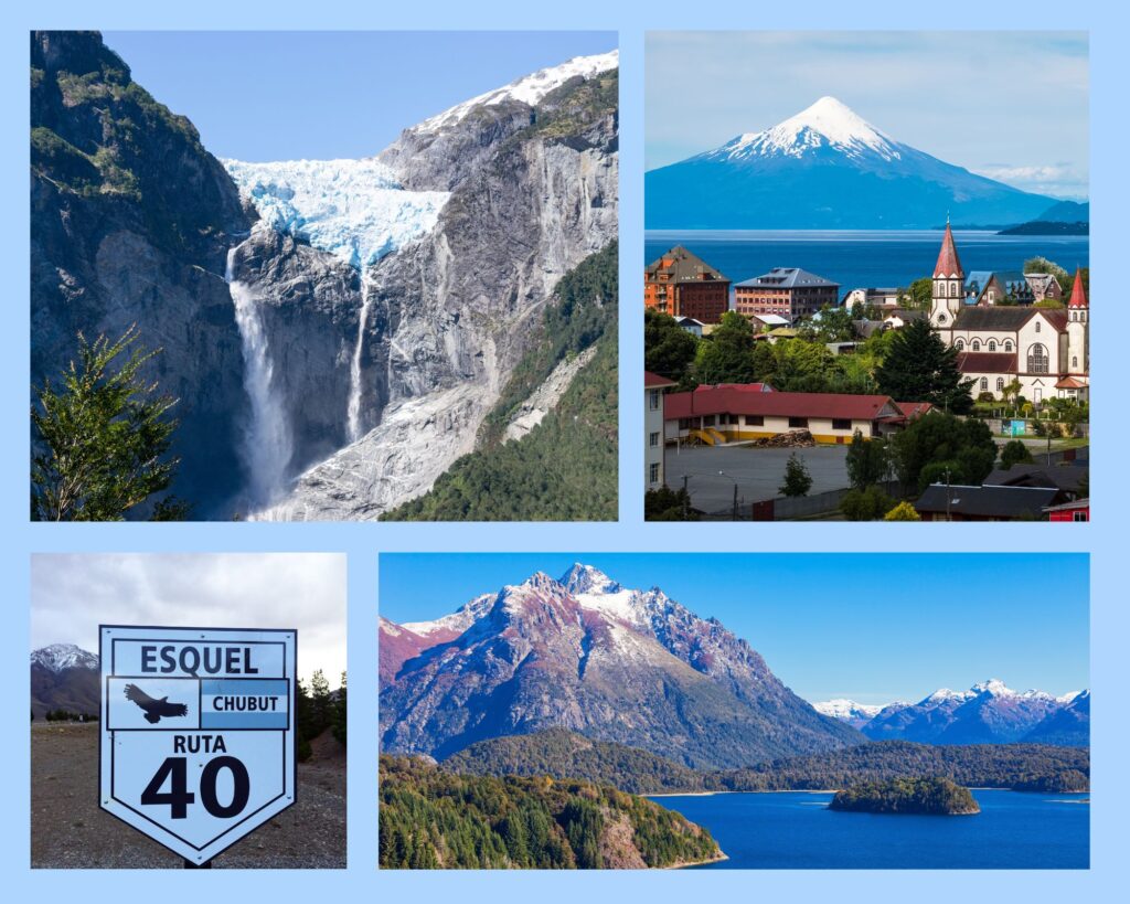 Collage: Patagonienreise mit etwas mehr Zeit: Hängegletscher Queulat, chilenisches Seengebiet mit Puerto Varas und Vulkan Osorno, die Ruta 40 und das argentinische Seengebiet bei Bariloche